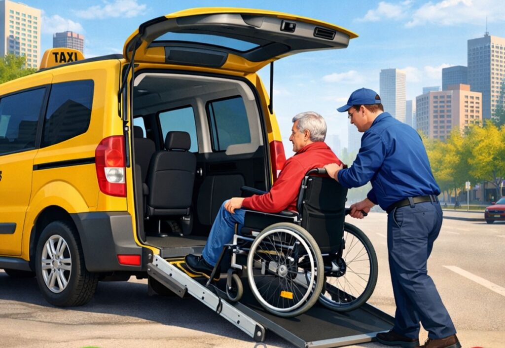 Wheelchair taxi with ramp assisting passenger into accessible vehicle