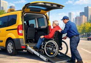 Wheelchair taxi with ramp assisting passenger into accessible vehicle